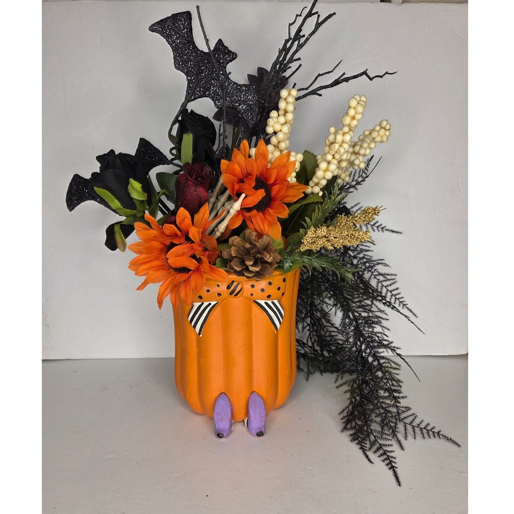 Halloween Pumpkin Witch Feet Ceramic Vase Orange Polka Dot Bow Decor